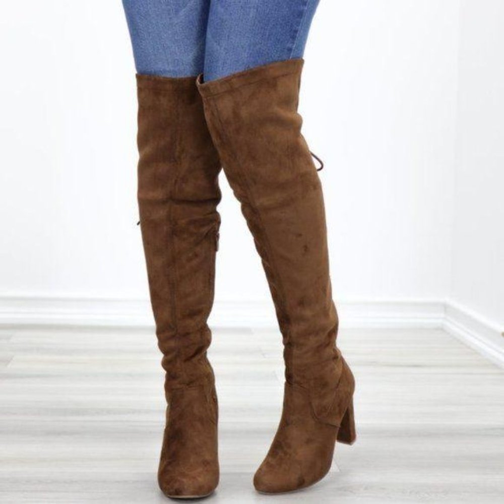 Suede Over The Knee Heeled Boots With Lace Up Back - Picture 3 of 13